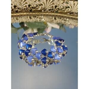Vintage Coro Wide Linked Blue & Silver Bracelet Beautiful Fashion Unique Fun